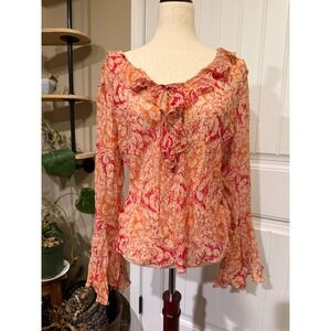 Vision Apparel Women's XL Silk Blend Ruffle Front Bell Sleeve Blouse Floral